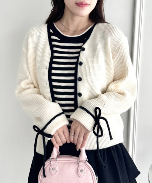 Loueme（ルエム）の「リボンスリーブ配色ニットカーディガン（カーディガン/ボレロ・レディース・グレー/ブラウン/アイボリー・FREE）」の2枚目の写真