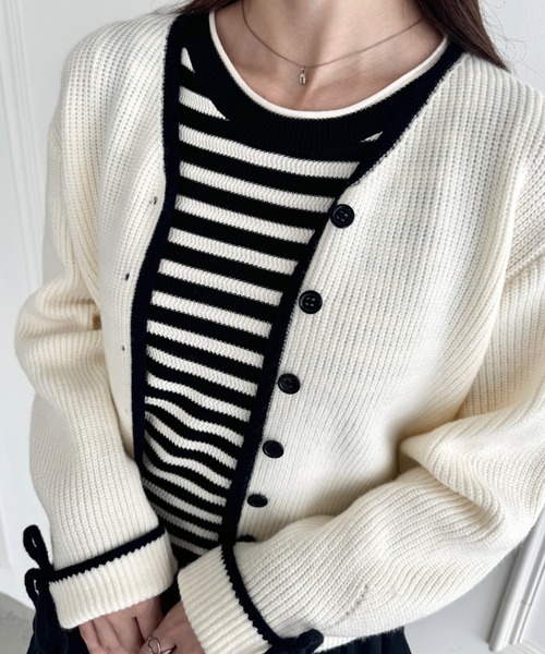 Loueme（ルエム）の「リボンスリーブ配色ニットカーディガン（カーディガン/ボレロ・レディース・グレー/ブラウン/アイボリー・FREE）」の20枚目の写真