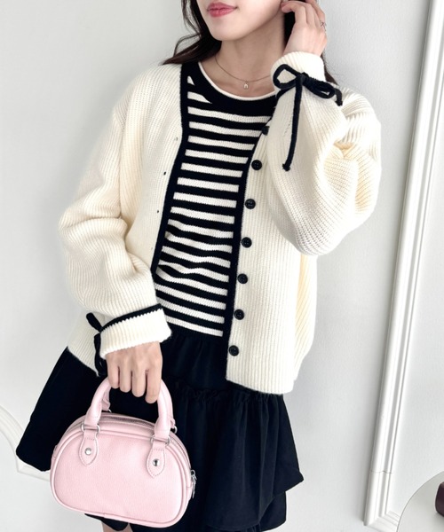 Loueme（ルエム）の「リボンスリーブ配色ニットカーディガン（カーディガン/ボレロ・レディース・グレー/ブラウン/アイボリー・FREE）」の5枚目の写真