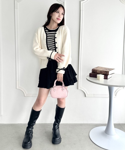 Loueme（ルエム）の「リボンスリーブ配色ニットカーディガン（カーディガン/ボレロ・レディース・グレー/ブラウン/アイボリー・FREE）」の8枚目の写真