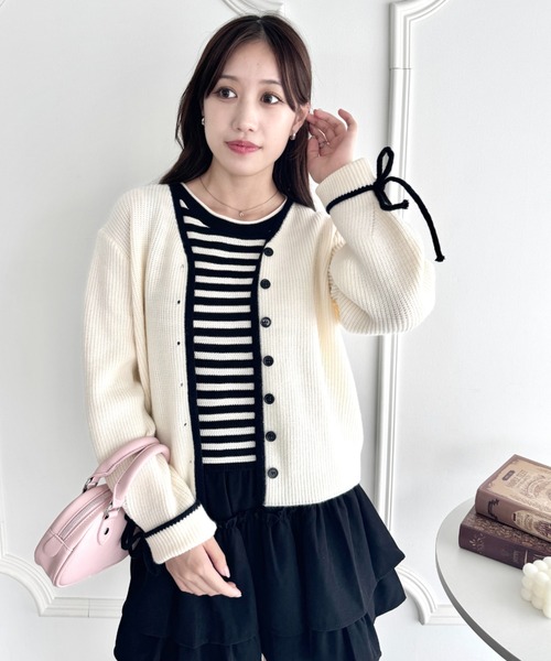 Loueme（ルエム）の「リボンスリーブ配色ニットカーディガン（カーディガン/ボレロ・レディース・グレー/ブラウン/アイボリー・FREE）」の7枚目の写真