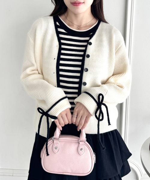 Loueme（ルエム）の「リボンスリーブ配色ニットカーディガン（カーディガン/ボレロ・レディース・グレー/ブラウン/アイボリー・FREE）」の4枚目の写真