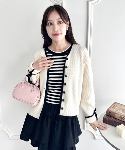 Loueme（ルエム）の「リボンスリーブ配色ニットカーディガン（カーディガン/ボレロ・レディース・グレー/ブラウン/アイボリー・FREE）」の6枚目の写真