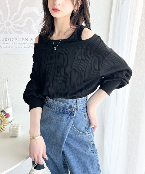 classicalelf（クラシカルエルフ）の「一枚で完成度MAX。フェイクレイヤードオフショルウェーブ柄ジャガードトップス(長袖)（Tシャツ/カットソー・レディース・アイボリー/チャコール/ブラック・X-LARGE/SMALL/MEDIUM/LARGE）」の9枚目の写真