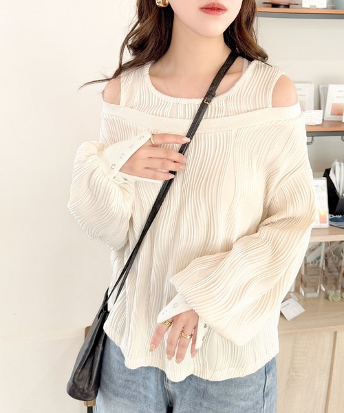 classicalelf（クラシカルエルフ）の「一枚で完成度MAX。フェイクレイヤードオフショルウェーブ柄ジャガードトップス(長袖)（Tシャツ/カットソー・レディース・アイボリー/チャコール/ブラック・X-LARGE/SMALL/MEDIUM/LARGE）」の7枚目の写真