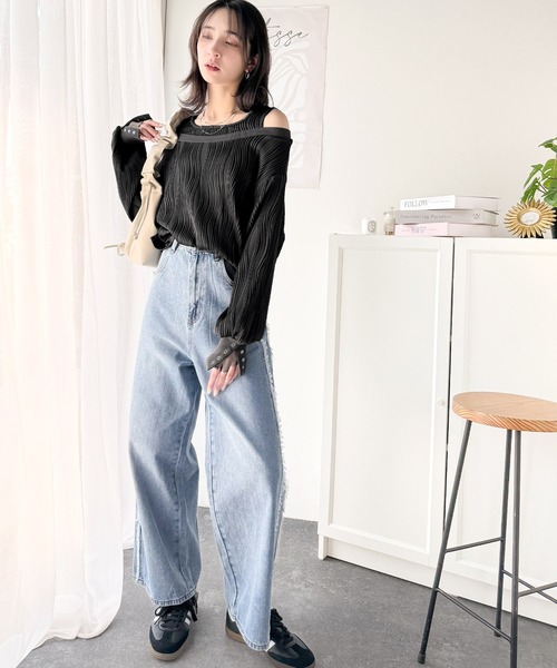 classicalelf（クラシカルエルフ）の「一枚で完成度MAX。フェイクレイヤードオフショルウェーブ柄ジャガードトップス(長袖)（Tシャツ/カットソー・レディース・アイボリー/チャコール/ブラック・X-LARGE/SMALL/MEDIUM/LARGE）」の14枚目の写真