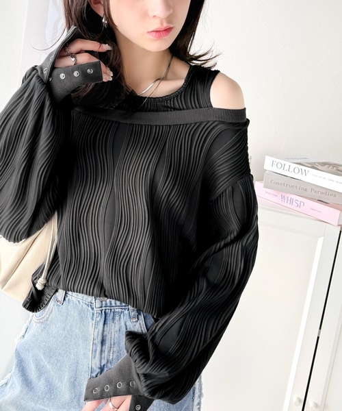 classicalelf（クラシカルエルフ）の「一枚で完成度MAX。フェイクレイヤードオフショルウェーブ柄ジャガードトップス(長袖)（Tシャツ/カットソー・レディース・アイボリー/チャコール/ブラック・X-LARGE/SMALL/MEDIUM/LARGE）」の15枚目の写真