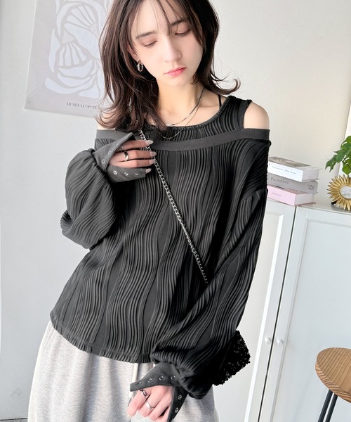 classicalelf（クラシカルエルフ）の「一枚で完成度MAX。フェイクレイヤードオフショルウェーブ柄ジャガードトップス(長袖)（Tシャツ/カットソー・レディース・アイボリー/チャコール/ブラック・X-LARGE/SMALL/MEDIUM/LARGE）」の19枚目の写真