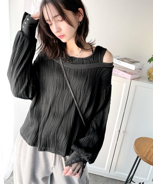 classicalelf（クラシカルエルフ）の「一枚で完成度MAX。フェイクレイヤードオフショルウェーブ柄ジャガードトップス(長袖)（Tシャツ/カットソー・レディース・アイボリー/チャコール/ブラック・X-LARGE/SMALL/MEDIUM/LARGE）」の22枚目の写真