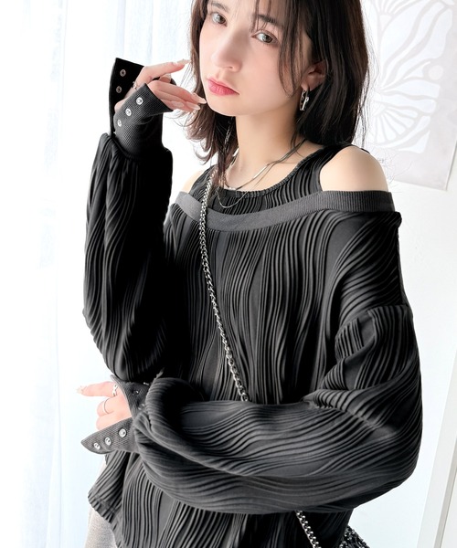 classicalelf（クラシカルエルフ）の「一枚で完成度MAX。フェイクレイヤードオフショルウェーブ柄ジャガードトップス(長袖)（Tシャツ/カットソー・レディース・アイボリー/チャコール/ブラック・X-LARGE/SMALL/MEDIUM/LARGE）」の11枚目の写真