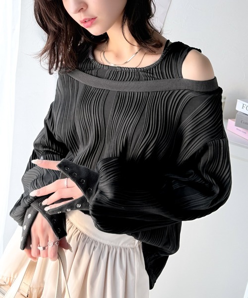 classicalelf（クラシカルエルフ）の「一枚で完成度MAX。フェイクレイヤードオフショルウェーブ柄ジャガードトップス(長袖)（Tシャツ/カットソー・レディース・アイボリー/チャコール/ブラック・X-LARGE/SMALL/MEDIUM/LARGE）」の17枚目の写真