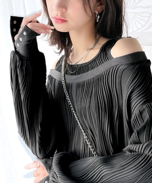 classicalelf（クラシカルエルフ）の「一枚で完成度MAX。フェイクレイヤードオフショルウェーブ柄ジャガードトップス(長袖)（Tシャツ/カットソー・レディース・アイボリー/チャコール/ブラック・X-LARGE/SMALL/MEDIUM/LARGE）」の20枚目の写真