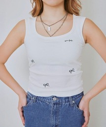 《刺しゅうリボン×リブ素材》レディース タンクトップ パッド付き カットソー 春夏秋
