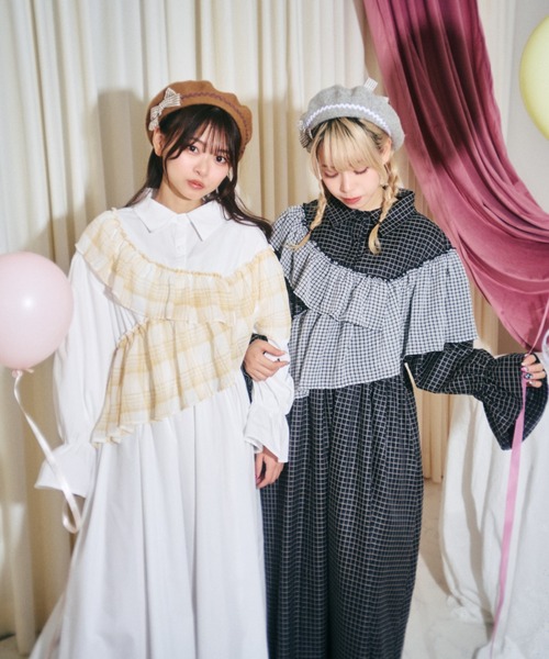 セール】【クティールとレトロ】ビッグチェックフリルフレアワンピース