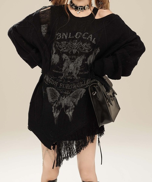 HOOK(フック)の「【HOOK】for girls アシンメトリーバタフライフリンジカットソー(Tシャツ/カットソー・レディース・ブルー/ブラック/ベージュ・SMALL/MEDIUM)」の2枚目の写真