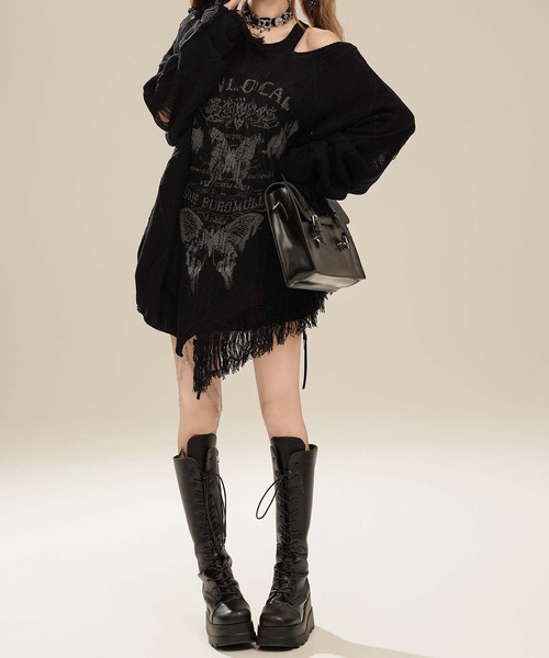 HOOK(フック)の「【HOOK】for girls アシンメトリーバタフライフリンジカットソー(Tシャツ/カットソー・レディース・ブルー/ブラック/ベージュ・SMALL/MEDIUM)」の4枚目の写真