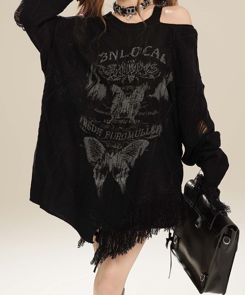 HOOK(フック)の「【HOOK】for girls アシンメトリーバタフライフリンジカットソー(Tシャツ/カットソー・レディース・ブルー/ブラック/ベージュ・SMALL/MEDIUM)」の10枚目の写真