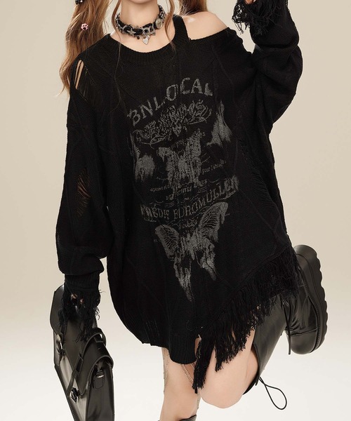 HOOK(フック)の「【HOOK】for girls アシンメトリーバタフライフリンジカットソー(Tシャツ/カットソー・レディース・ブルー/ブラック/ベージュ・SMALL/MEDIUM)」の11枚目の写真