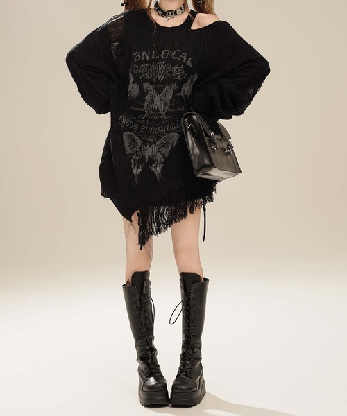 HOOK(フック)の「【HOOK】for girls アシンメトリーバタフライフリンジカットソー(Tシャツ/カットソー・レディース・ブルー/ブラック/ベージュ・SMALL/MEDIUM)」の5枚目の写真