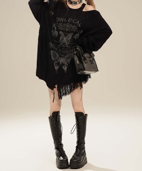 HOOK(フック)の「【HOOK】for girls アシンメトリーバタフライフリンジカットソー(Tシャツ/カットソー・レディース・ブルー/ブラック/ベージュ・SMALL/MEDIUM)」の6枚目の写真
