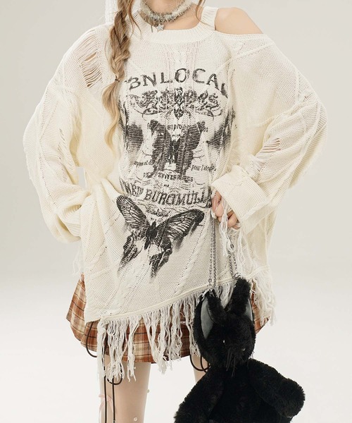 HOOK(フック)の「【HOOK】for girls アシンメトリーバタフライフリンジカットソー(Tシャツ/カットソー・レディース・ブルー/ブラック/ベージュ・SMALL/MEDIUM)」の14枚目の写真