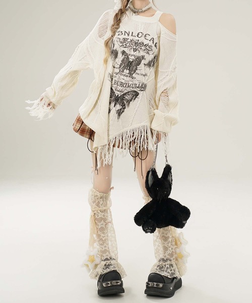HOOK(フック)の「【HOOK】for girls アシンメトリーバタフライフリンジカットソー(Tシャツ/カットソー・レディース・ブルー/ブラック/ベージュ・SMALL/MEDIUM)」の17枚目の写真
