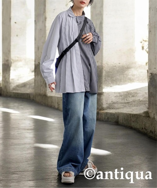 antiqua(アンティカ)の「アシメストライプシャツ(シャツ/ブラウス・レディース・ブルー/ブラック・ONESIZE)」の3枚目の写真