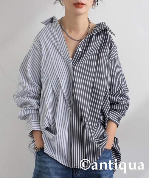 antiqua(アンティカ)の「アシメストライプシャツ(シャツ/ブラウス・レディース・ブルー/ブラック・ONESIZE)」の4枚目の写真