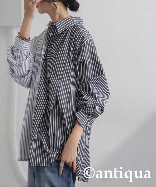 antiqua(アンティカ)の「アシメストライプシャツ(シャツ/ブラウス・レディース・ブルー/ブラック・ONESIZE)」の6枚目の写真