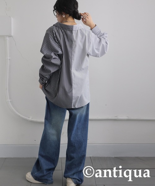 antiqua(アンティカ)の「アシメストライプシャツ(シャツ/ブラウス・レディース・ブルー/ブラック・ONESIZE)」の7枚目の写真
