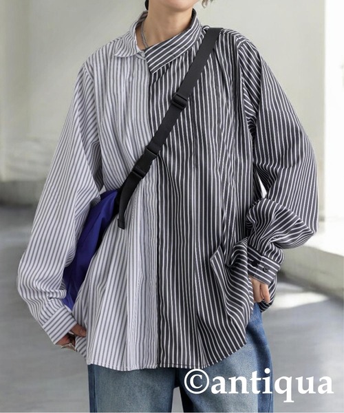 antiqua(アンティカ)の「アシメストライプシャツ(シャツ/ブラウス・レディース・ブルー/ブラック・ONESIZE)」の8枚目の写真