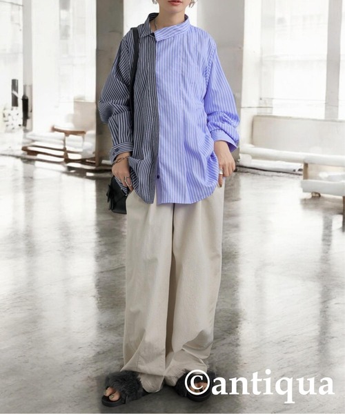 antiqua(アンティカ)の「アシメストライプシャツ(シャツ/ブラウス・レディース・ブルー/ブラック・ONESIZE)」の9枚目の写真