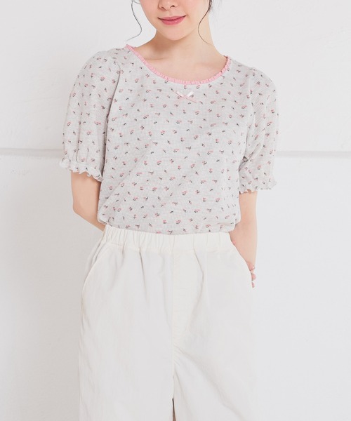 Honeys（ハニーズ）の「レース付ワッフルトップス（Tシャツ/カットソー・レディース・ベージュ系その他/レッド/ホワイト/ホワイト系その他/ブラック・M/L/S）」の4枚目の写真