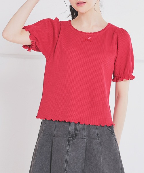Honeys（ハニーズ）の「レース付ワッフルトップス（Tシャツ/カットソー・レディース・ベージュ系その他/レッド/ホワイト/ホワイト系その他/ブラック・M/L/S）」の5枚目の写真
