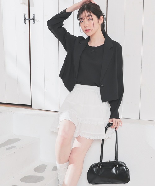 レース付ワッフルトップス（Tシャツ/カットソー）｜Honeys