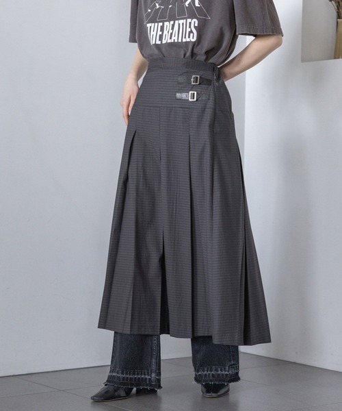 RAGEBLUE（レイジブルー）の「Wベルト/チェックプリーツミディスカート（スカート・レディース・グレー/グリーン/ブルー・FREE）」の2枚目の写真