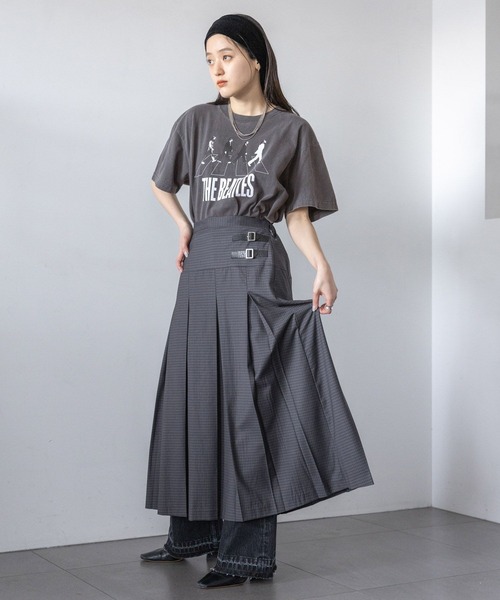 RAGEBLUE（レイジブルー）の「Wベルト/チェックプリーツミディスカート（スカート・レディース・グレー/グリーン/ブルー・FREE）」の6枚目の写真