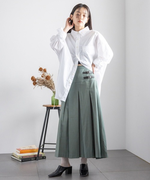 RAGEBLUE（レイジブルー）の「Wベルト/チェックプリーツミディスカート（スカート・レディース・グレー/グリーン/ブルー・FREE）」の10枚目の写真