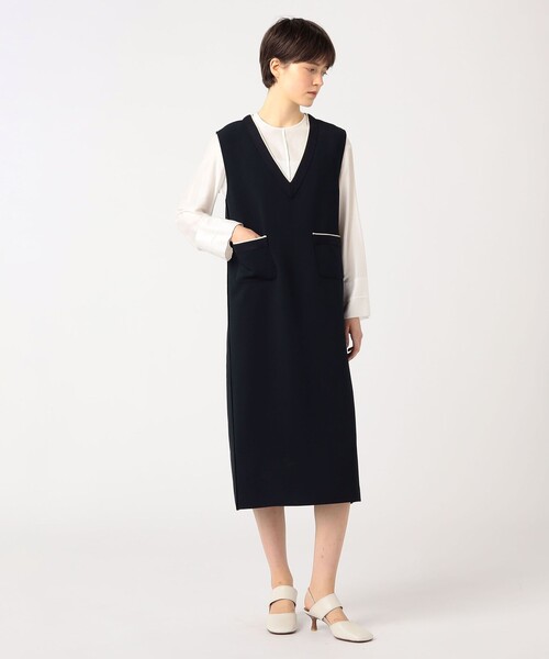 Ballsey ニットコンビポンチ クルーネックワンピース ネイビー