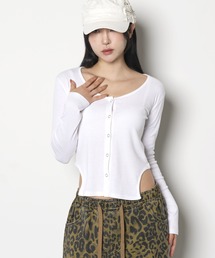[FLW MADE]シルバーボタンサイドスリットスリムリブTシャツカットソーカーディガン
