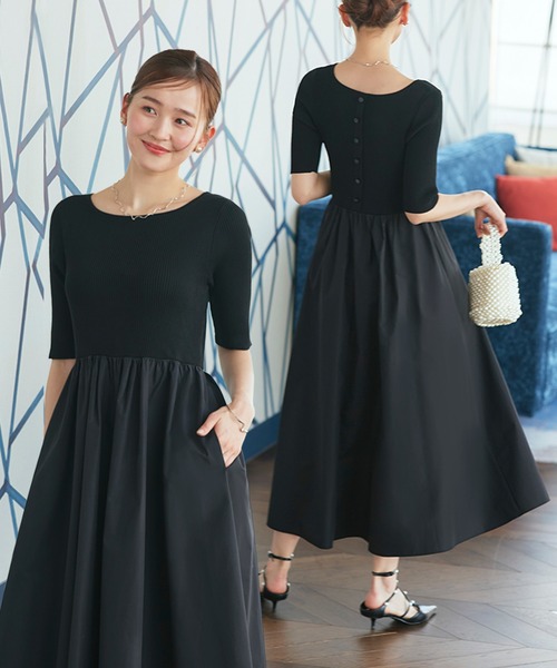 RUIRUE BOUTIQUE（ルイルエブティック）の「洗える ストレッチ ｜ リブニット & ギャザースカート コンビワンピース ｜ レディース おしゃれ きれいめ 半袖 無地 オフィスカジュアル 通勤服 ニットワンピース（ワンピース・レディース・ネイビー/グレー/ブラック・M/S/LL/L）」の2枚目の写真