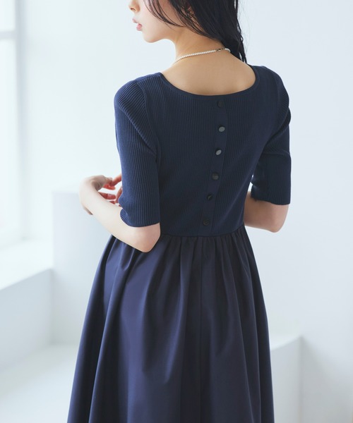 RUIRUE BOUTIQUE（ルイルエブティック）の「洗える ストレッチ ｜ リブニット & ギャザースカート コンビワンピース ｜ レディース おしゃれ きれいめ 半袖 無地 オフィスカジュアル 通勤服 ニットワンピース（ワンピース・レディース・ネイビー/グレー/ブラック・M/S/LL/L）」の9枚目の写真