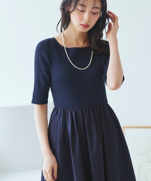 洗える ストレッチ ｜ リブニット & ギャザースカート コンビ