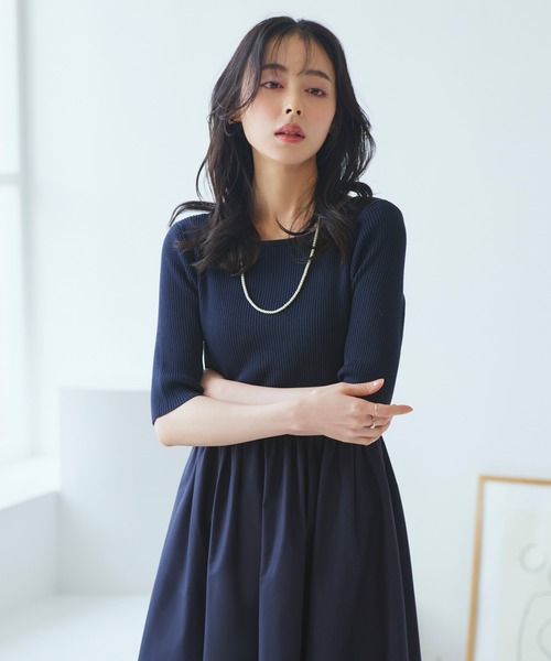 RUIRUE BOUTIQUE（ルイルエブティック）の「洗える ストレッチ ｜ リブニット & ギャザースカート コンビワンピース ｜ レディース おしゃれ きれいめ 半袖 無地 オフィスカジュアル 通勤服 ニットワンピース（ワンピース・レディース・ネイビー/グレー/ブラック・M/S/LL/L）」の12枚目の写真