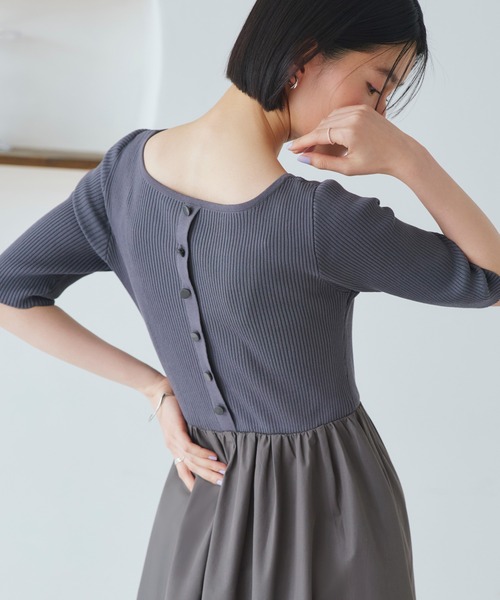 RUIRUE BOUTIQUE（ルイルエブティック）の「洗える ストレッチ ｜ リブニット & ギャザースカート コンビワンピース ｜ レディース おしゃれ きれいめ 半袖 無地 オフィスカジュアル 通勤服 ニットワンピース（ワンピース・レディース・ネイビー/グレー/ブラック・M/S/LL/L）」の14枚目の写真
