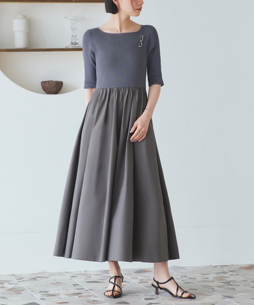 RUIRUE BOUTIQUE（ルイルエブティック）の「洗える ストレッチ ｜ リブニット & ギャザースカート コンビワンピース ｜ レディース おしゃれ きれいめ 半袖 無地 オフィスカジュアル 通勤服 ニットワンピース（ワンピース・レディース・ネイビー/グレー/ブラック・M/S/LL/L）」の15枚目の写真