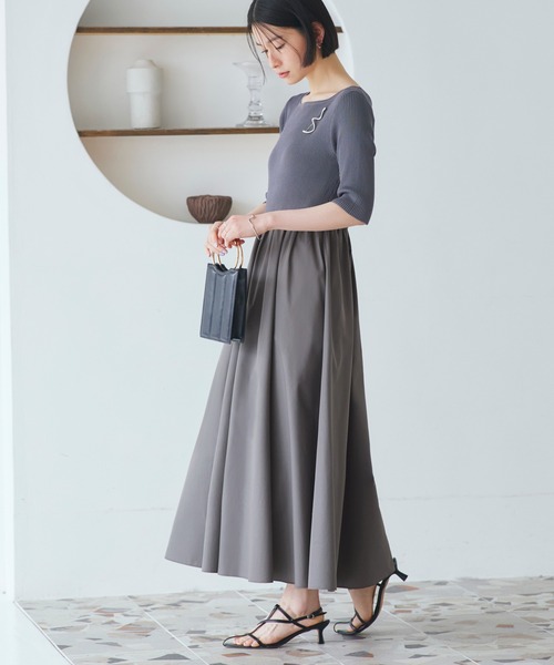 RUIRUE BOUTIQUE（ルイルエブティック）の「洗える ストレッチ ｜ リブニット & ギャザースカート コンビワンピース ｜ レディース おしゃれ きれいめ 半袖 無地 オフィスカジュアル 通勤服 ニットワンピース（ワンピース・レディース・ネイビー/グレー/ブラック・M/S/LL/L）」の16枚目の写真