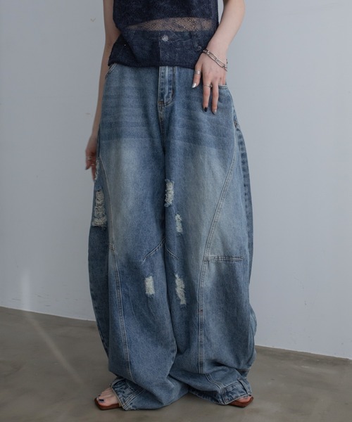 裾デザインダメージカーブデニム（デニムパンツ）｜VACANCY