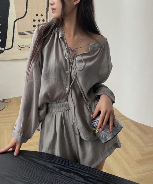 ギャザーリボンブラウス＋ショートパンツセットアップ レディース セール】ギャザーリボンシャツとショートパンツセット