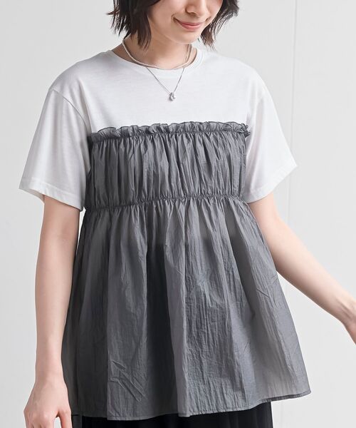 rps（アールピーエス）の「異素材ドッキングＴ（Tシャツ/カットソー・レディース・カーキ/ブラック/グレー/オフホワイト・フリー）」の3枚目の写真